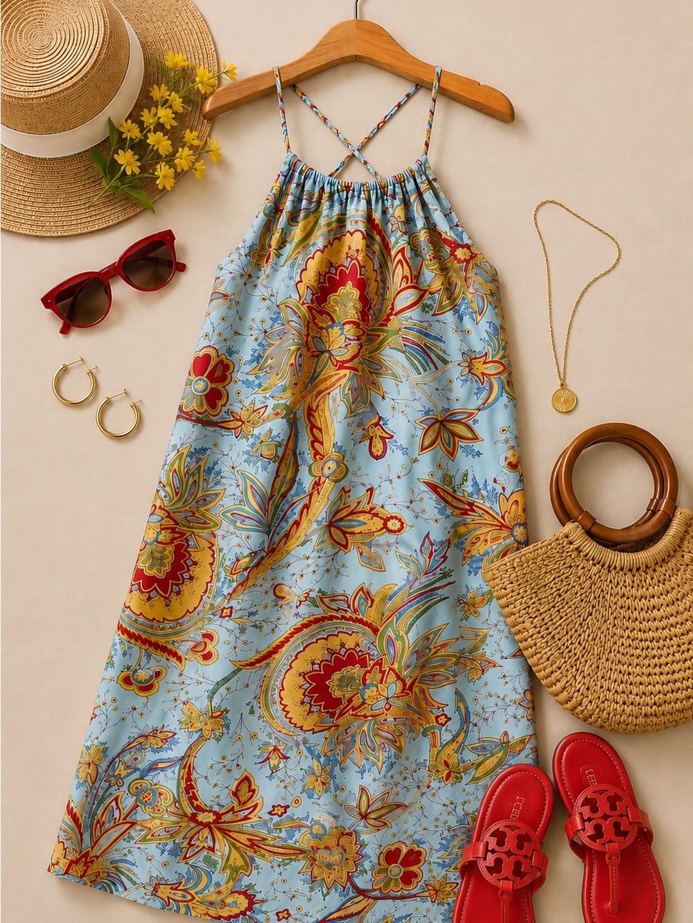 J. McLaughlin Rare Light Blue Paisley-Print 100% Silk Halter Dress